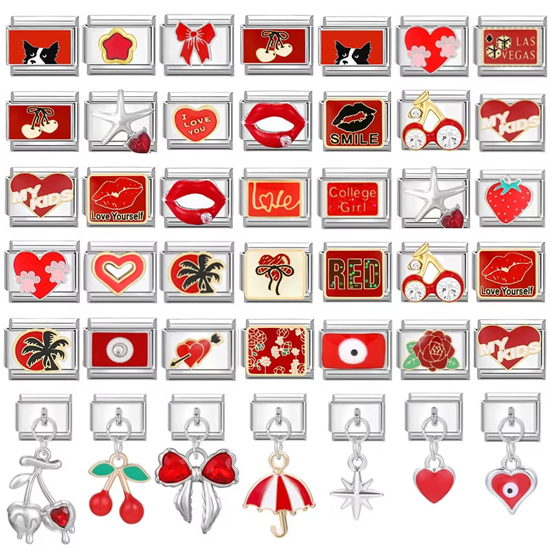 Grils Red Heart Cherry Bowknot Flower Eyes Kiss Italian Charm Links Stainless Steel Fit 9Mm Bracelet Jewelry DIY Making Gifts