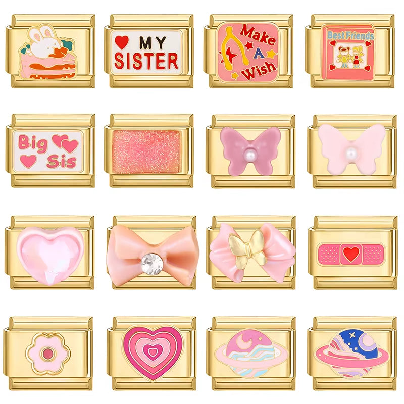 Pink Eyes Cherry Cute Cats Rabbit Gold Color Italian Charm Links Beads Fit 9Mm Stainless Steel Bracelet DIY Making