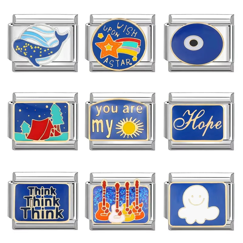 Blue Sea Waves Sun Moon Plane Seabed Star Butterfly Beads Fit 9Mm Italian Charm Links Bracelet Stainless Steel DIY Jewelry Gifts