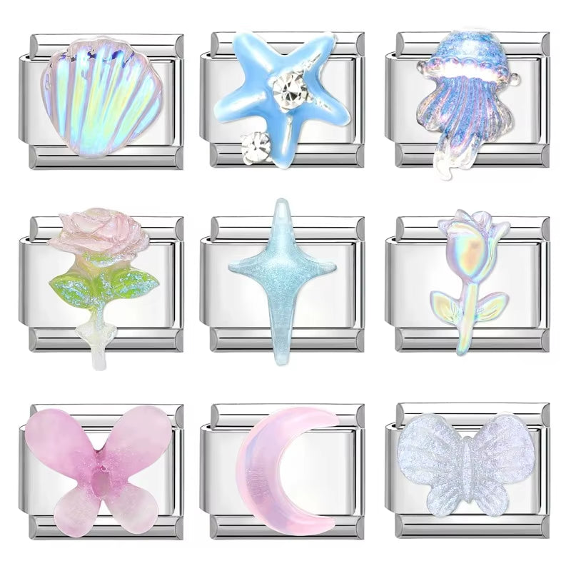 Charm Bracelet Shine Starfish Sea Shell Star Rhinestone Fit 9Mm Italian Link Bracelet Stainless Steel Jewellery DIY Making Gifts