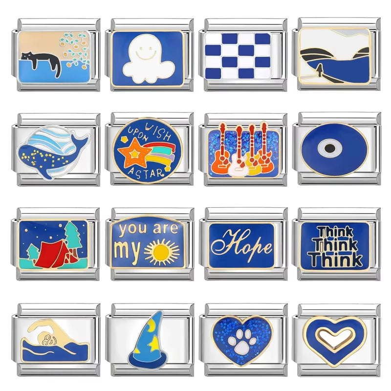 Blue Sea Waves Sun Moon Plane Seabed Star Butterfly Beads Fit 9Mm Italian Charm Links Bracelet Stainless Steel DIY Jewelry Gifts