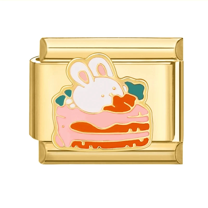 Pink Eyes Cherry Cute Cats Rabbit Gold Color Italian Charm Links Beads Fit 9Mm Stainless Steel Bracelet DIY Making